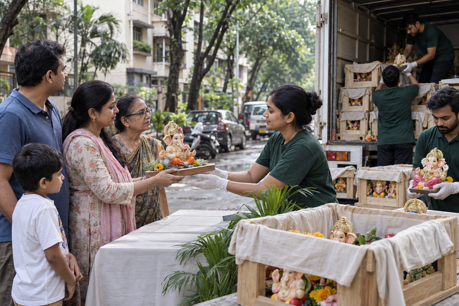 A family carefully presents a clay Ganesh murti at an organised donation collection point while volunteers prepare lined crates for transport.