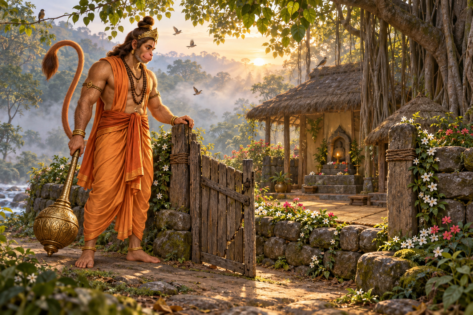 Hanuman stands outside a forest hermitage boundary with his mace lowered while steadying a wooden gate in the morning light.