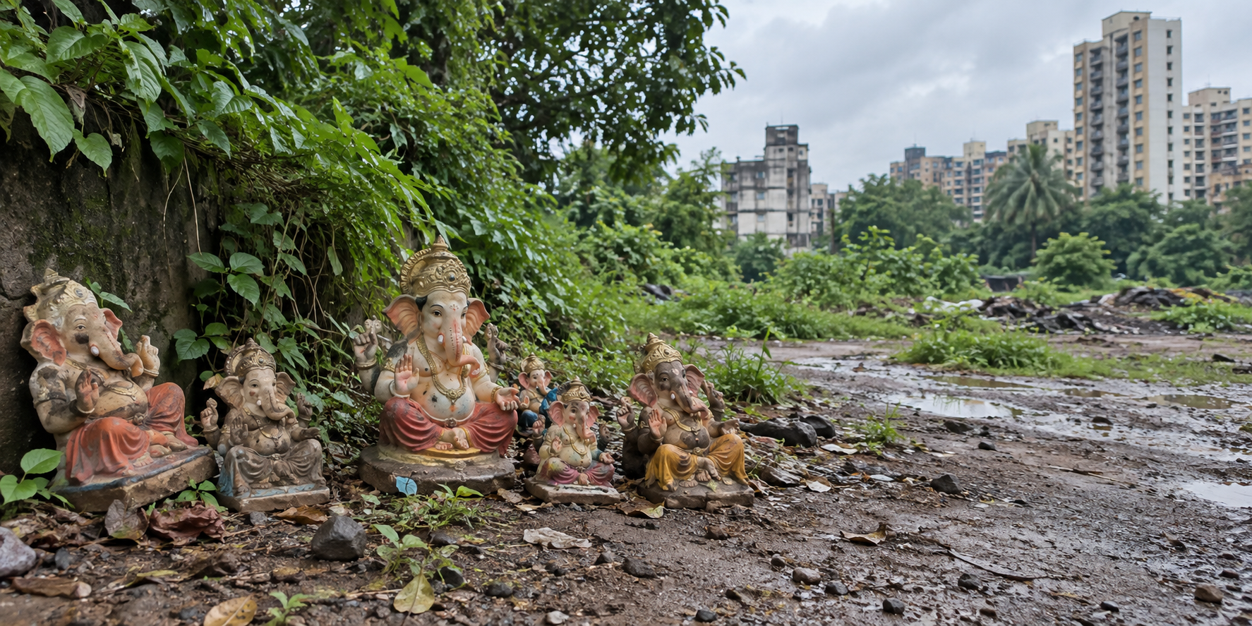 Several weathered clay Ganesh murtis rest on the ground beside an overgrown urban service lane under an overcast sky.