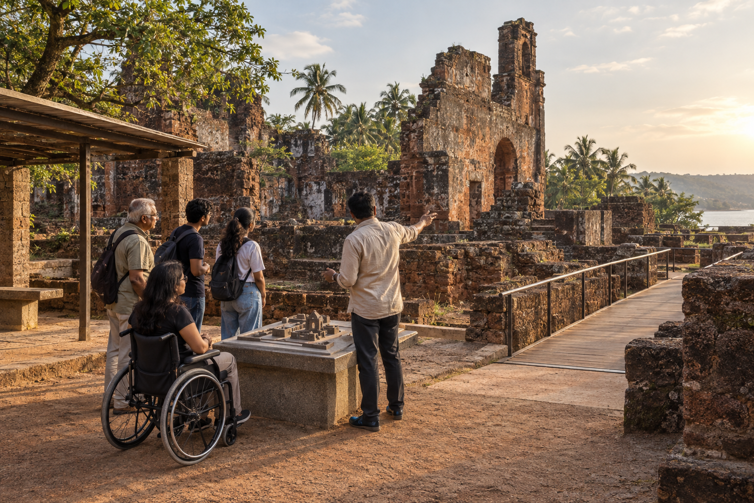Visitors of different ages and mobility levels explore stabilized laterite ruins in Goa using an accessible path and a tactile scale model.