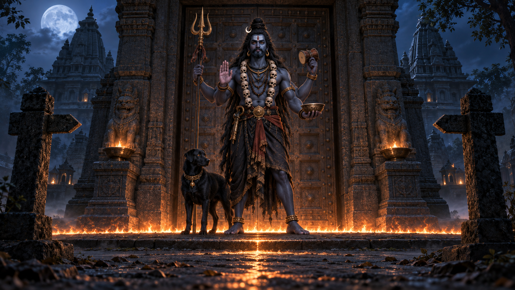 Bhairava stands with a trident at a firelit stone temple gate at night while a black dog watches beside him.