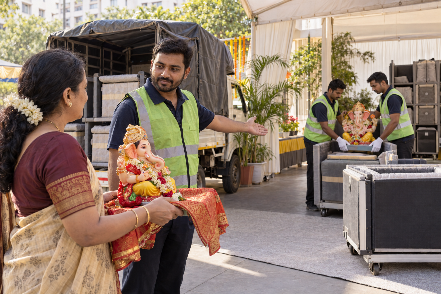 A devotee verifies a collection site's padded crates, covered vehicle, and sheltered storage before handing a Ganesh murti to a volunteer.