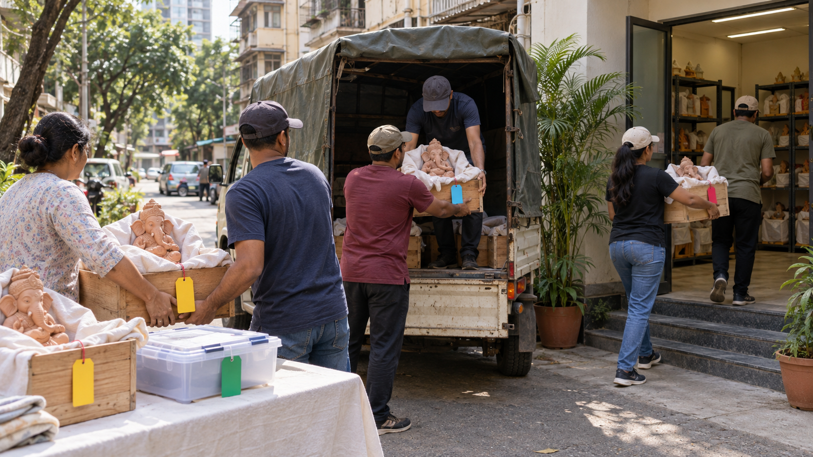 Volunteers carefully pass a cloth-lined crate holding a Ganesh murti through visible collection, transport, and storage stages.