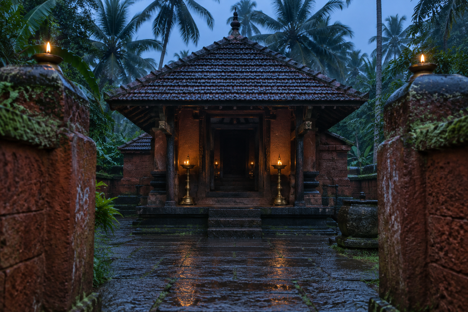 A small Kerala shrine with laterite walls, a tiled roof and glowing brass oil lamps stands among palms after monsoon rain.