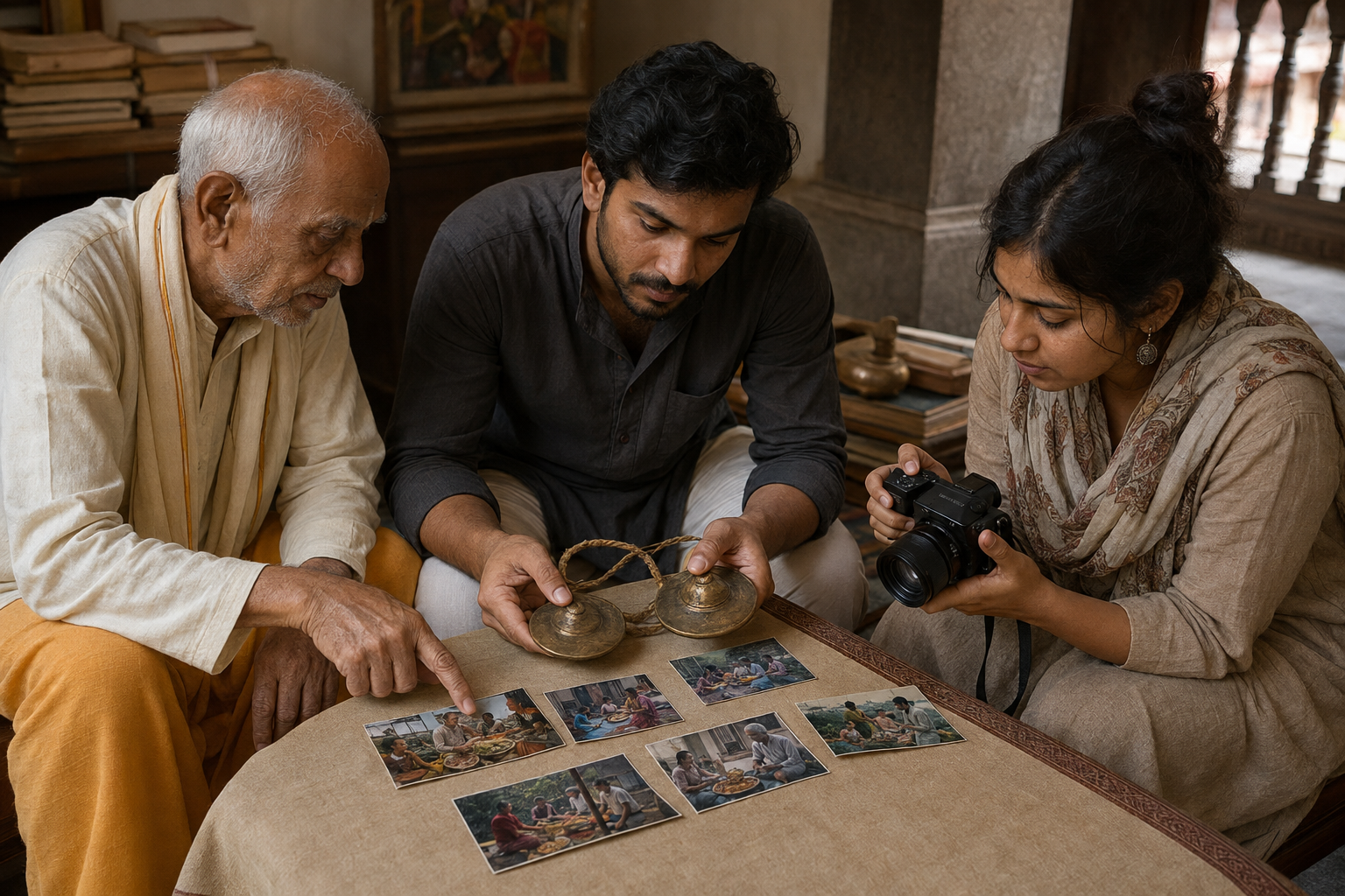 An elder and two younger volunteers document worn hand cymbals alongside photographs showing different forms of temple service.