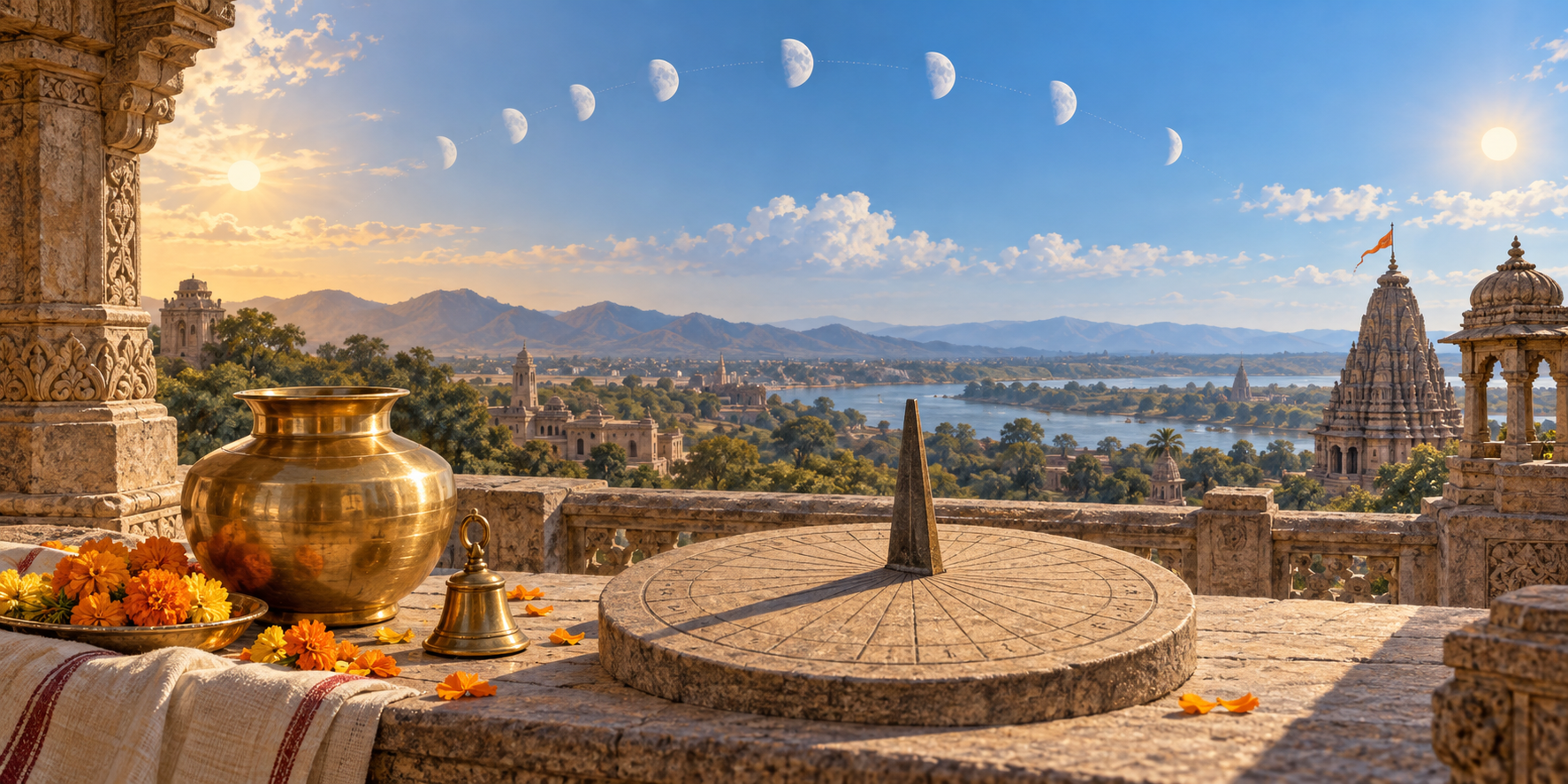 Temple observatory terrace with ritual vessels, marigolds, a stone sundial, and a symbolic waning moon path under changing midday light.
