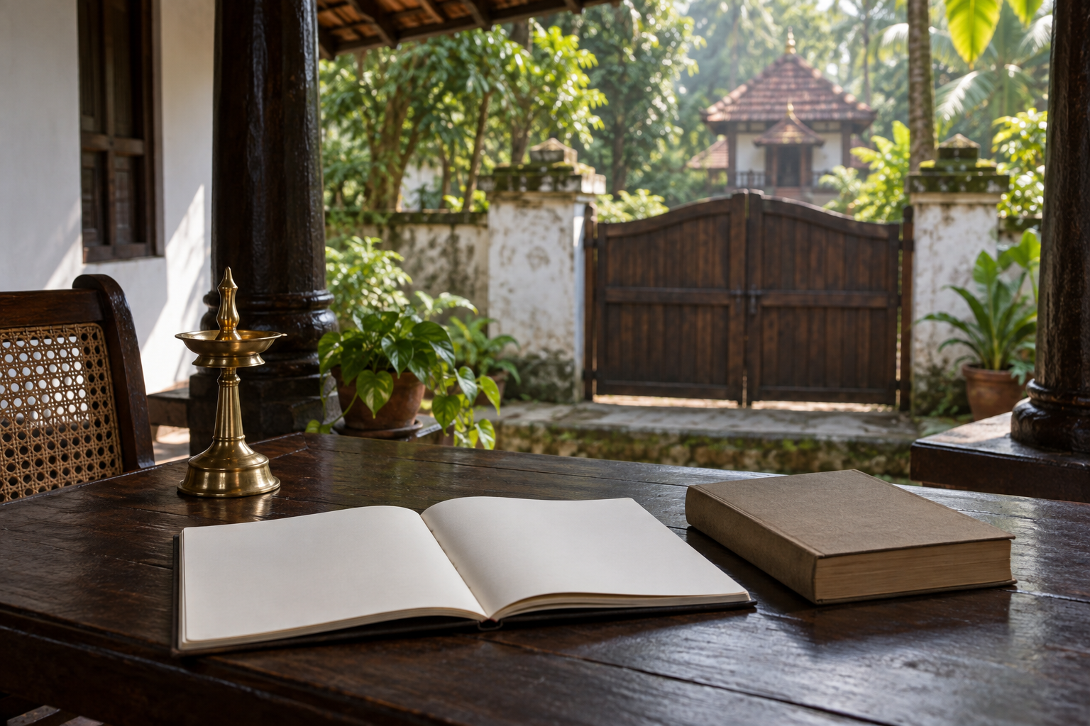 An unmarked notebook and closed book sit on a wooden table while a Kerala shrine is visible beyond a closed gate.