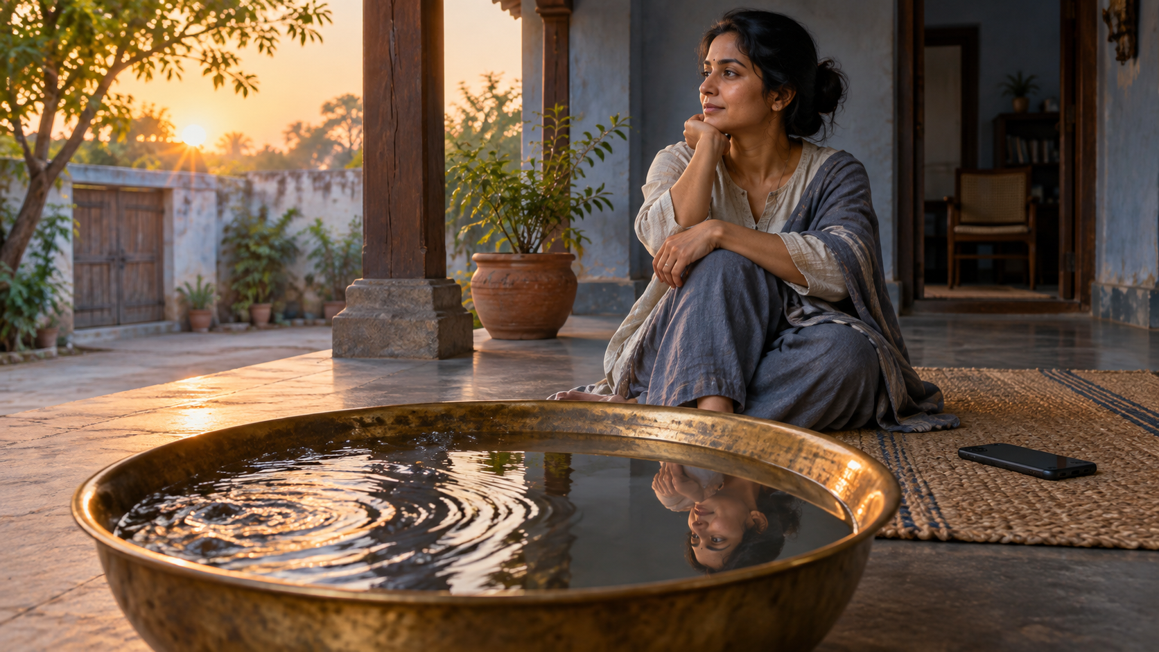 A person sits on a quiet veranda beside a face-down phone and a brass bowl whose rippling water becomes still and reflective.