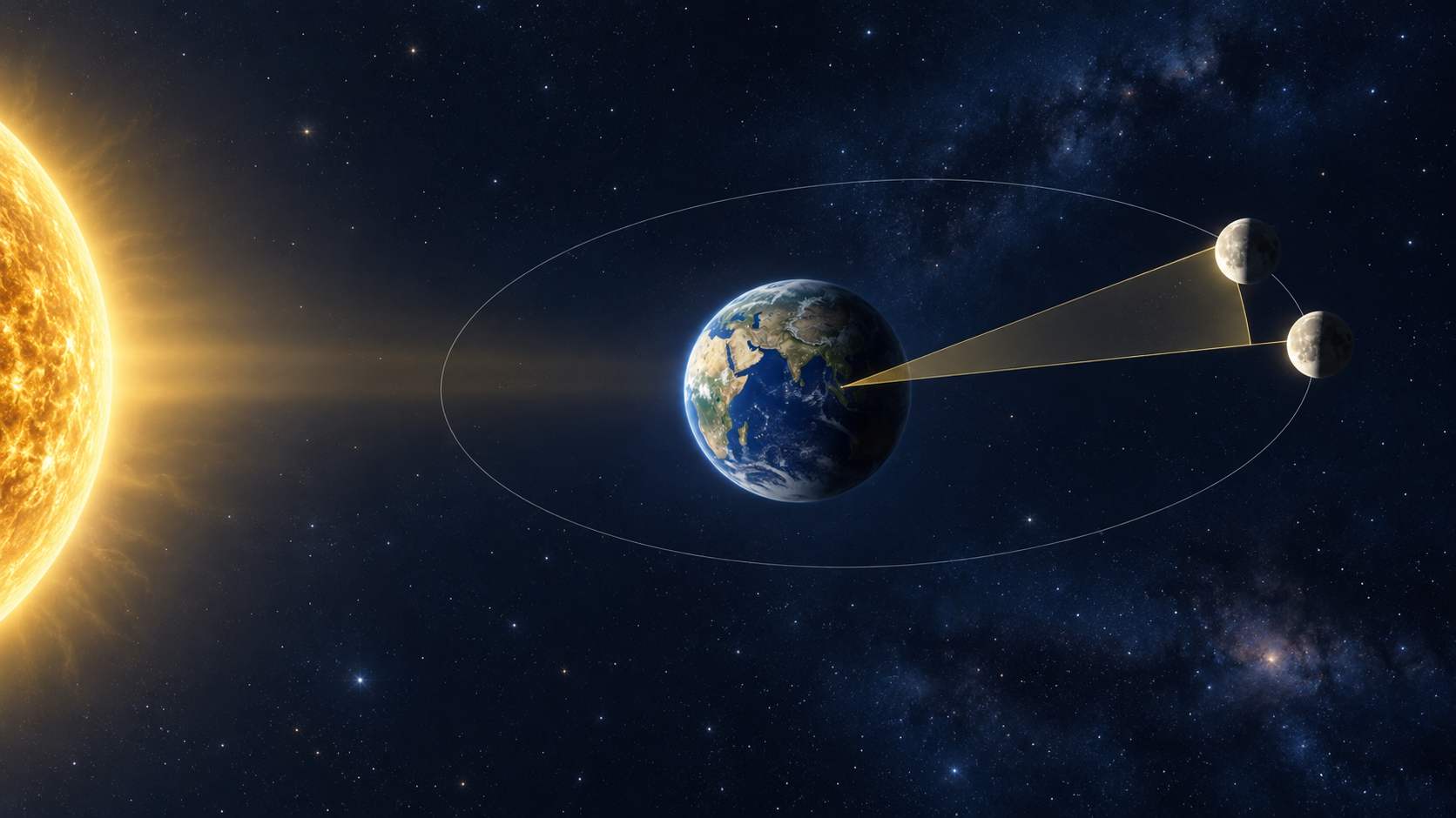 Sun, Earth, and two nearby Moon positions illustrating how the changing Sun-Moon angle produces consecutive tithis.