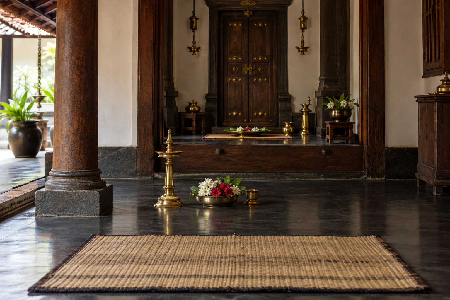 A woven mat, flowers, an unlit brass lamp and a closed sanctum doorway form separate layers in a Kerala interior.