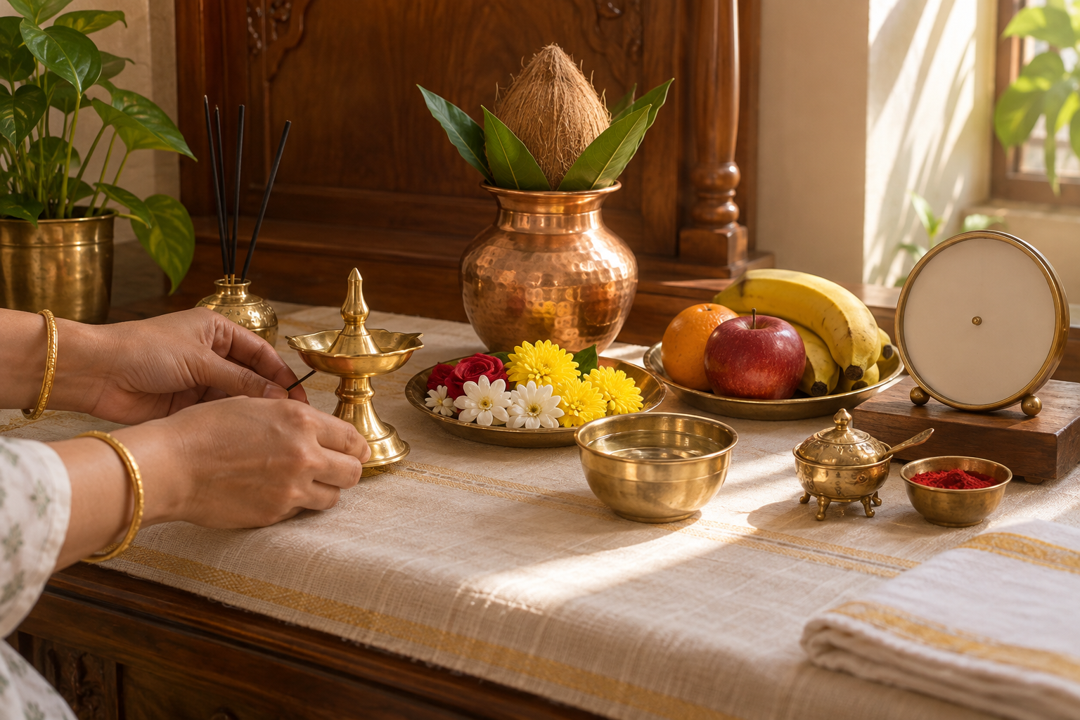 Hands arrange a diya, flowers, fruit, water, and a copper vessel on a home puja altar in midday sunlight.