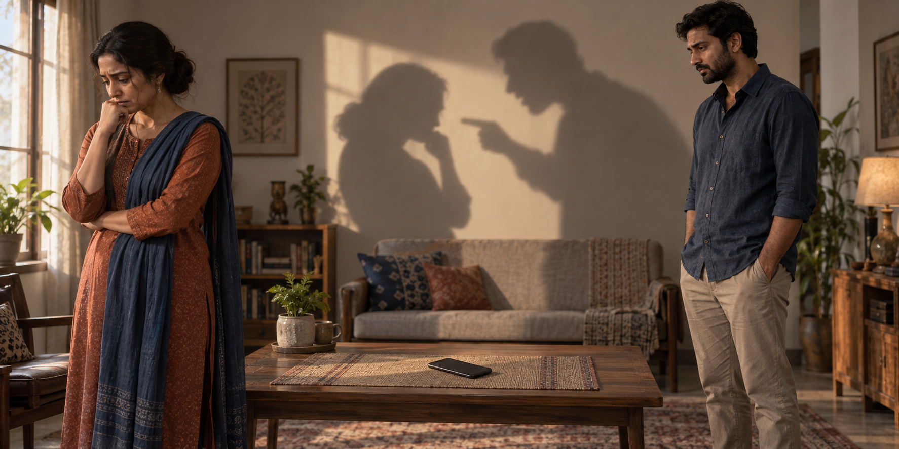 Two relatives stand apart in a living room while distorted overlapping shadows make a neutral interaction appear more threatening.