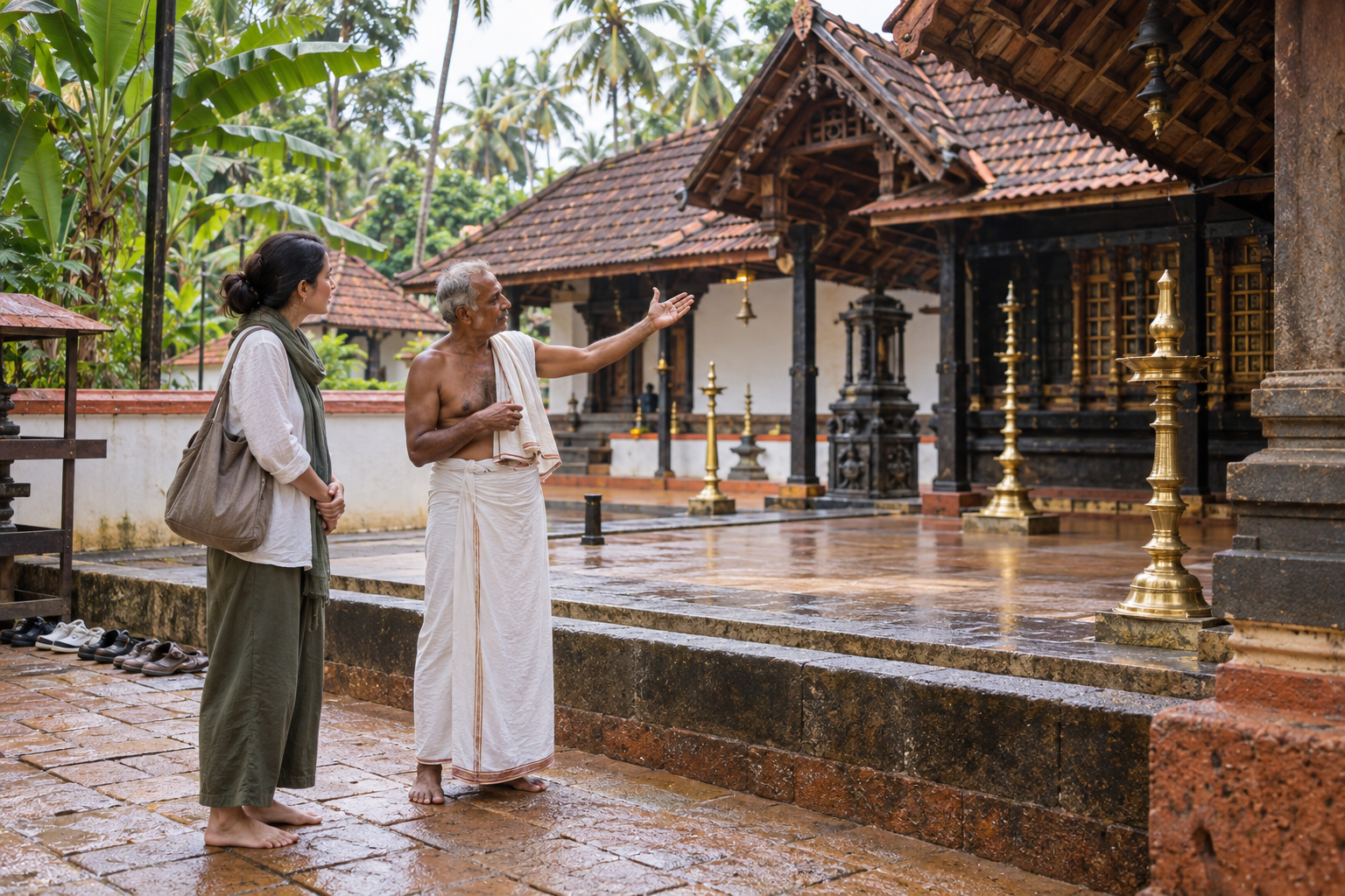 A visitor listens to an older temple custodian outside the ritual boundary of a traditional Kerala shrine.