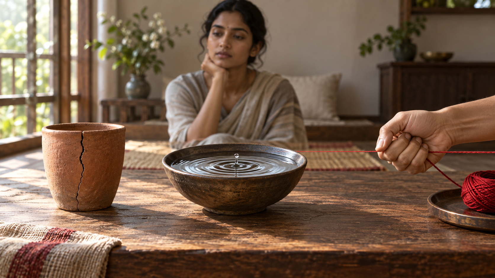 A clay cup, a bowl of rippling water, and a hand pulling a red thread are arranged separately on a wooden table before a seated observer.