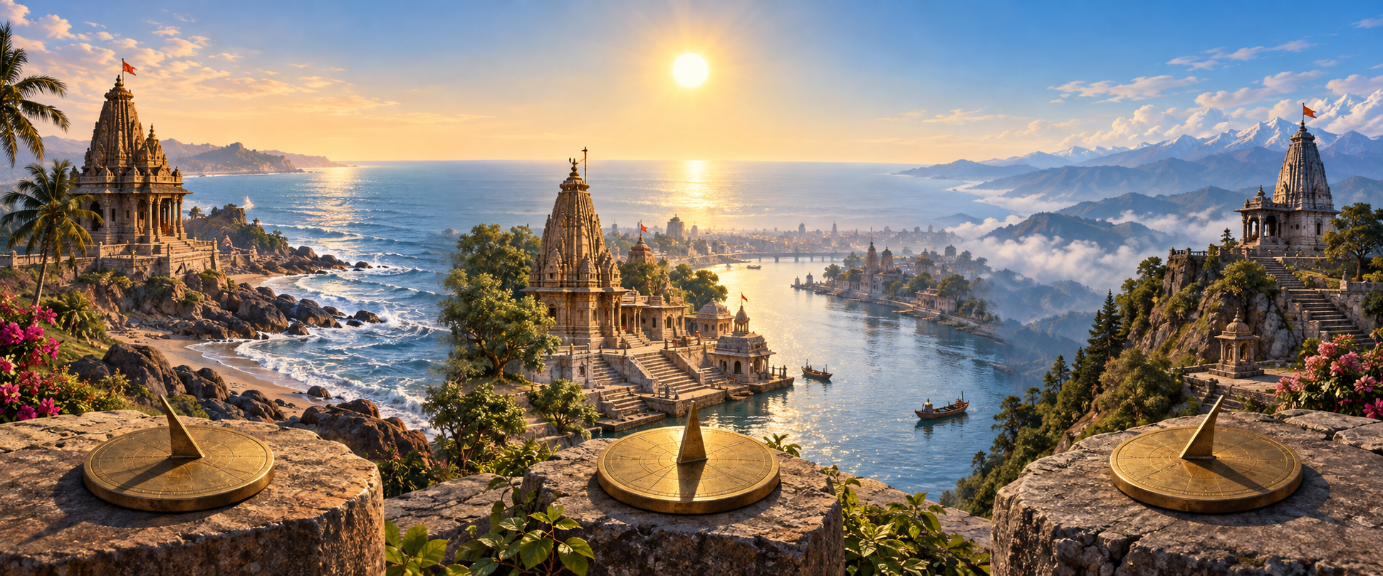 Three South Asian temple settings beneath different sunlight angles, each with a brass sundial indicating location-dependent timing.