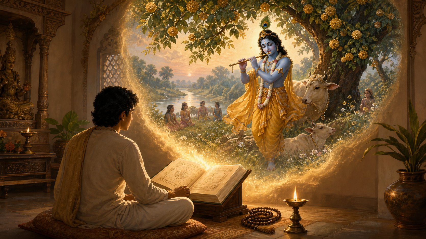 A devotee studies an open sacred book at dawn while a luminous vision of Krishna beneath a tree appears above the pages.