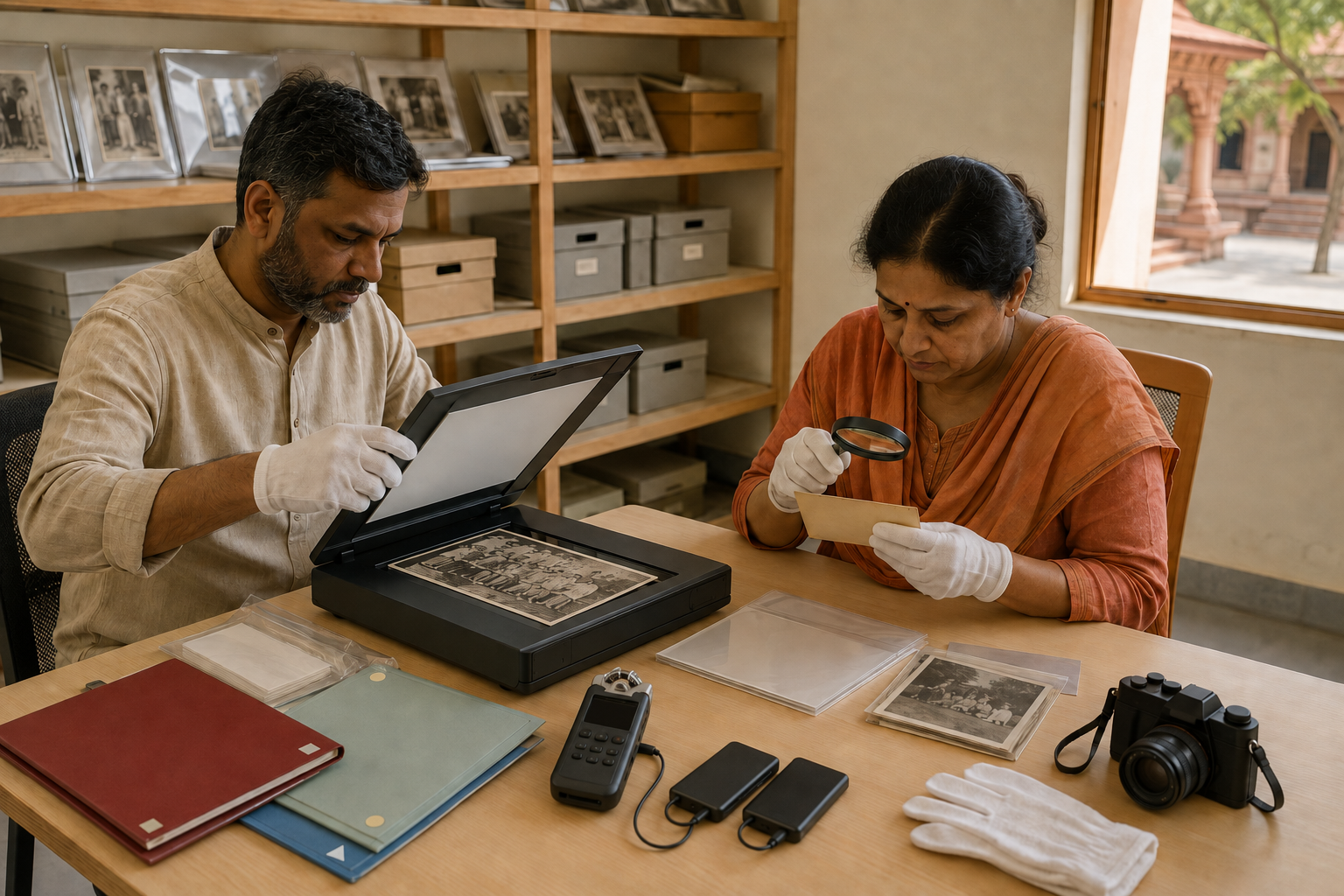 Two temple volunteers scan a group photograph and organize protected media, recording equipment and duplicate digital storage in a modest office.