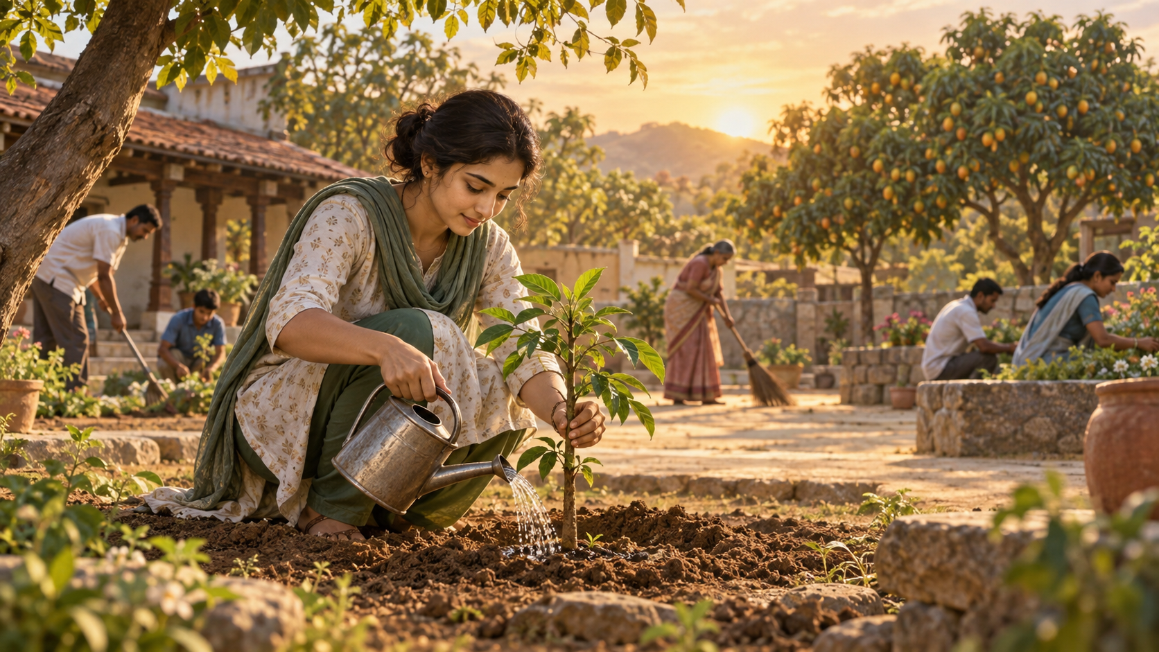 A person waters and supports a young sapling in a community courtyard while mature fruit trees stand in the distance.