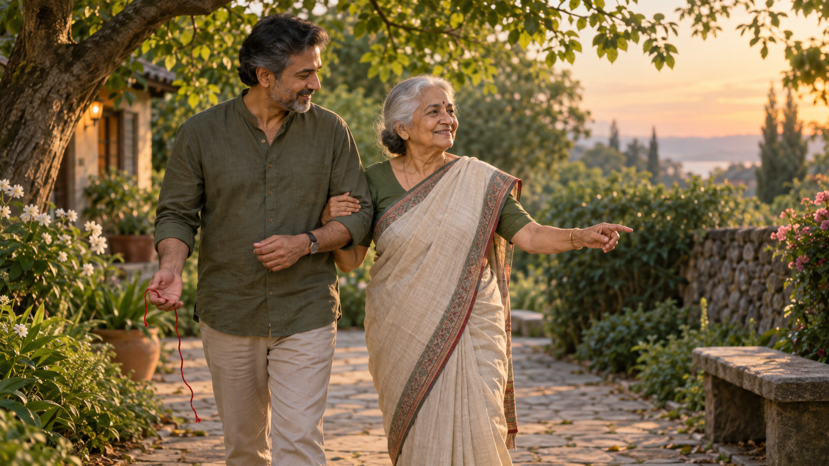 An adult gently supports an elderly parent walking through a garden while a loose red thread hangs from the helper's open hand.