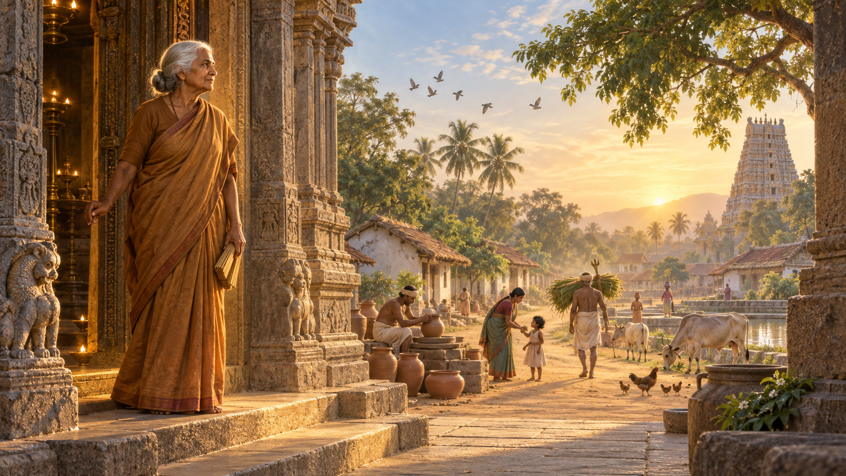 Illustration of the elderly Tamil poet Avvaiyar at a temple doorway, looking toward villagers, animals and trees illuminated by the same golden light as the sanctum.