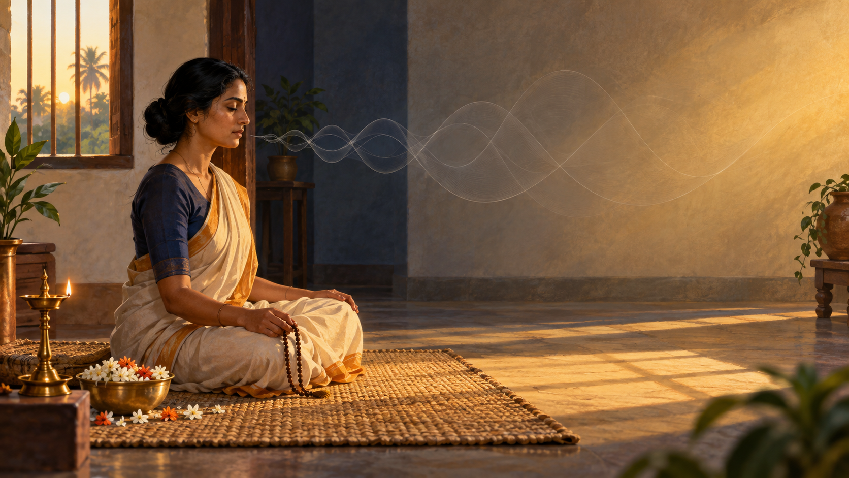 A seated practitioner chants in a quiet prayer space as subtle ripples fade into the surrounding light and silence.
