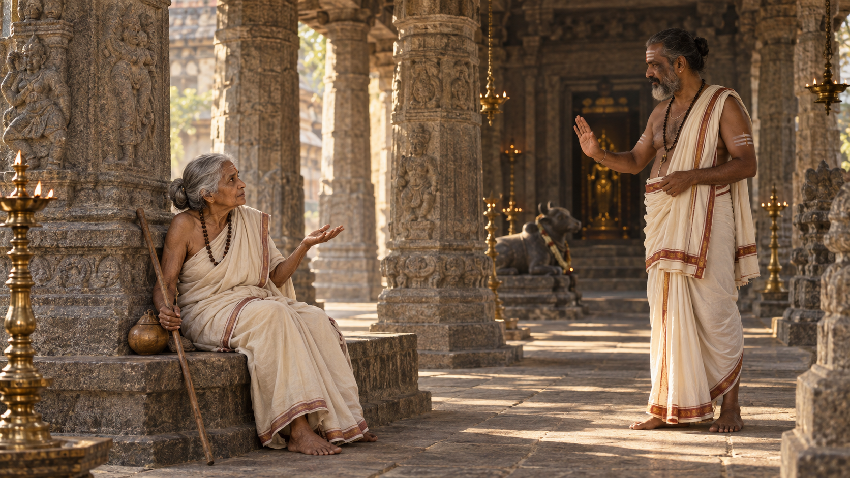 Avvaiyar rests beside a carved temple pillar while a priest gestures toward her and sunlight crosses the stone hall from several directions.