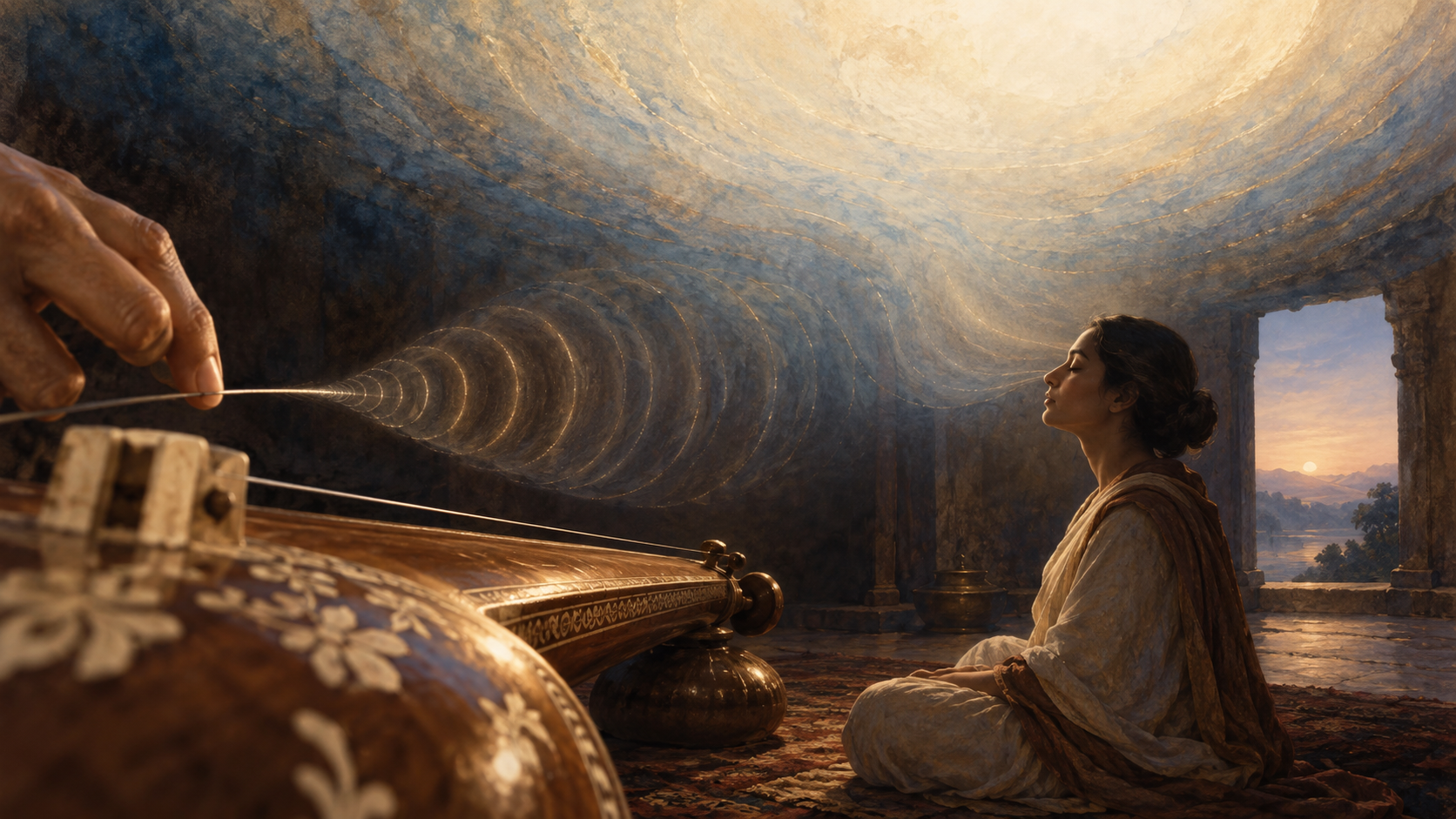 A vibrating tanpura string sends delicate ripples toward an attentive listener before the ripples dissolve into light.