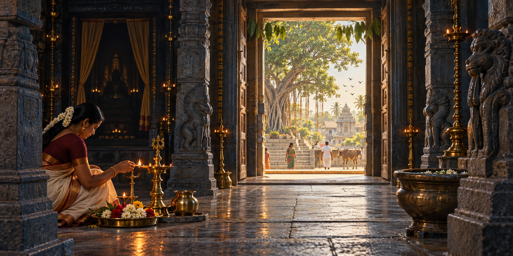 A devotee lights a brass lamp inside a stone temple whose open doorway reveals villagers, birds and a banyan tree in the same warm light.