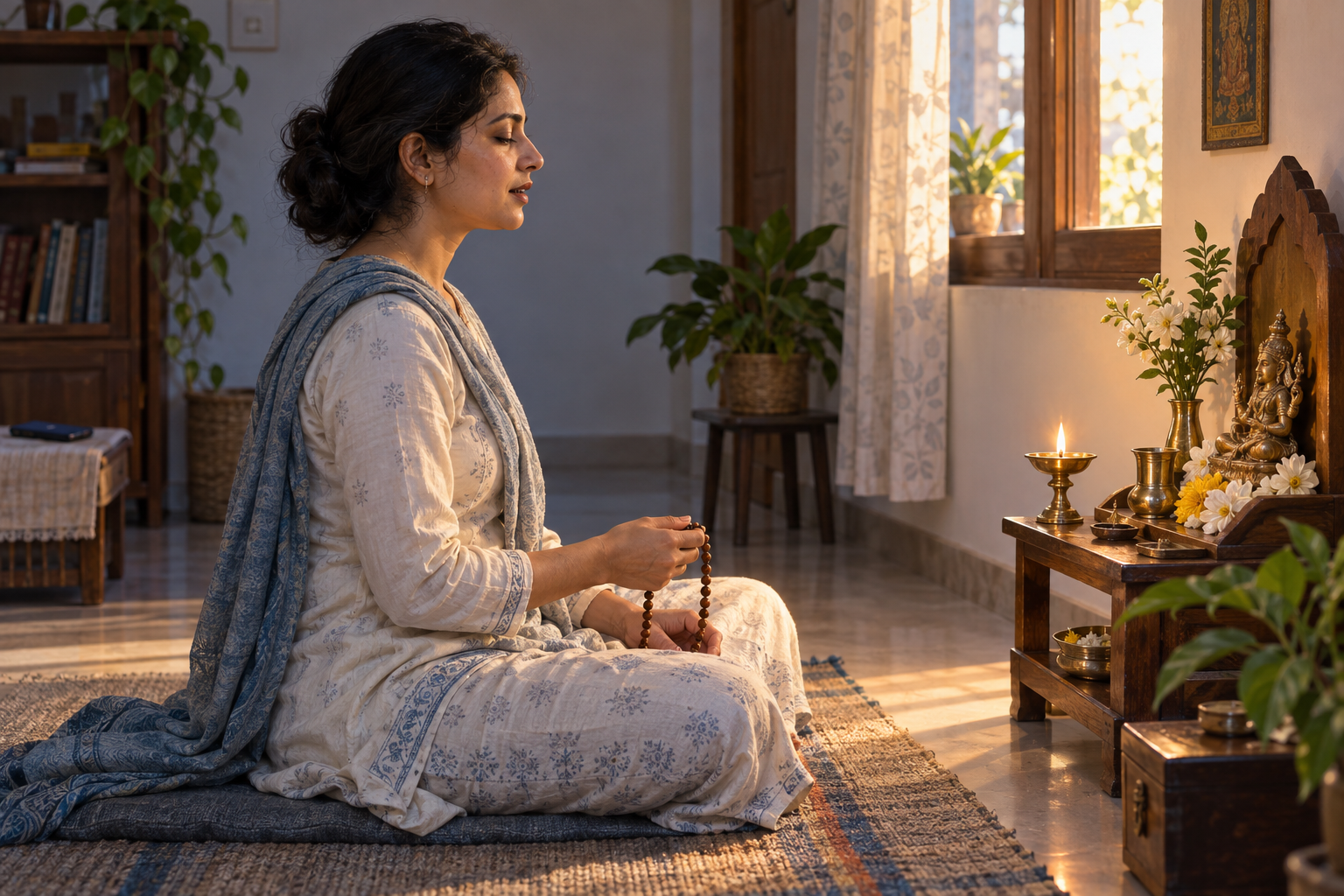 A practitioner sits upright and chants with prayer beads beside an oil lamp and flowers in a quiet home shrine.