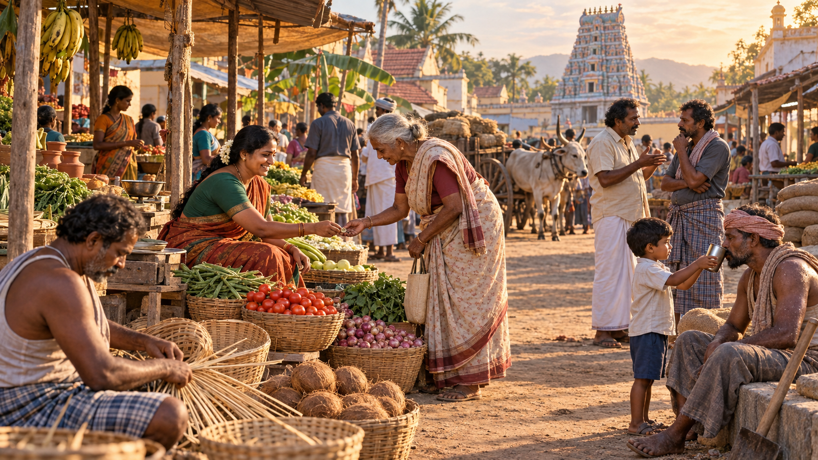 Villagers act with care in a busy market as one vendor returns a coin, a child offers water and two people pause during a disagreement.