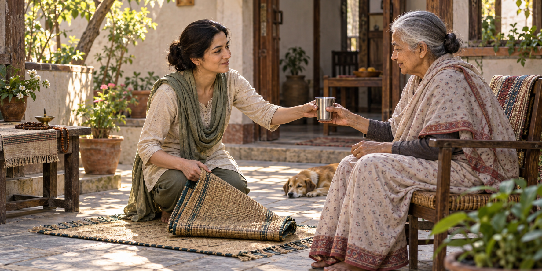 A practitioner offers water to an older family member after folding a meditation mat in a sunlit courtyard.