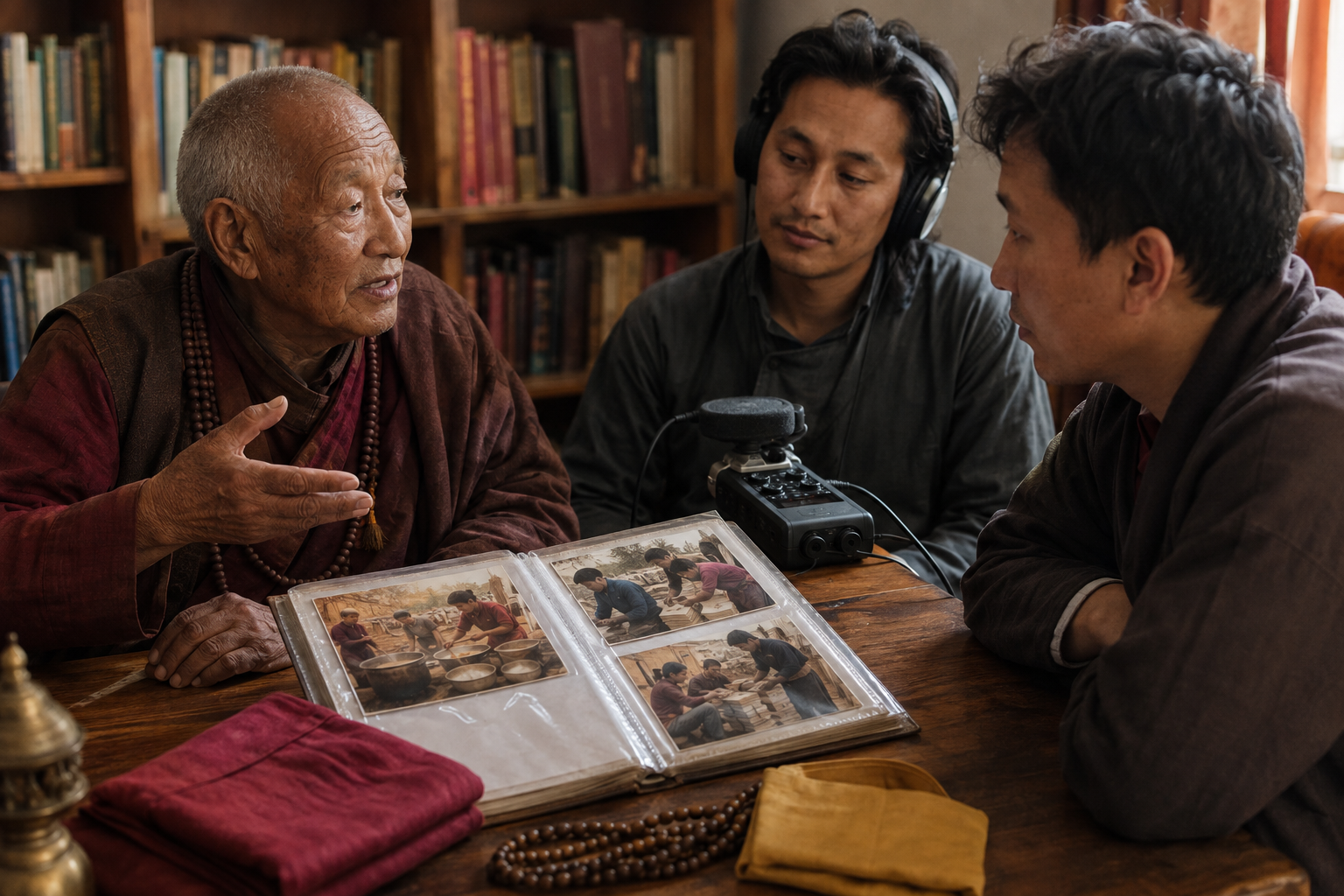 A younger interviewer records an elderly devotee describing a service memory while they examine photographs of meal preparation and book distribution.
