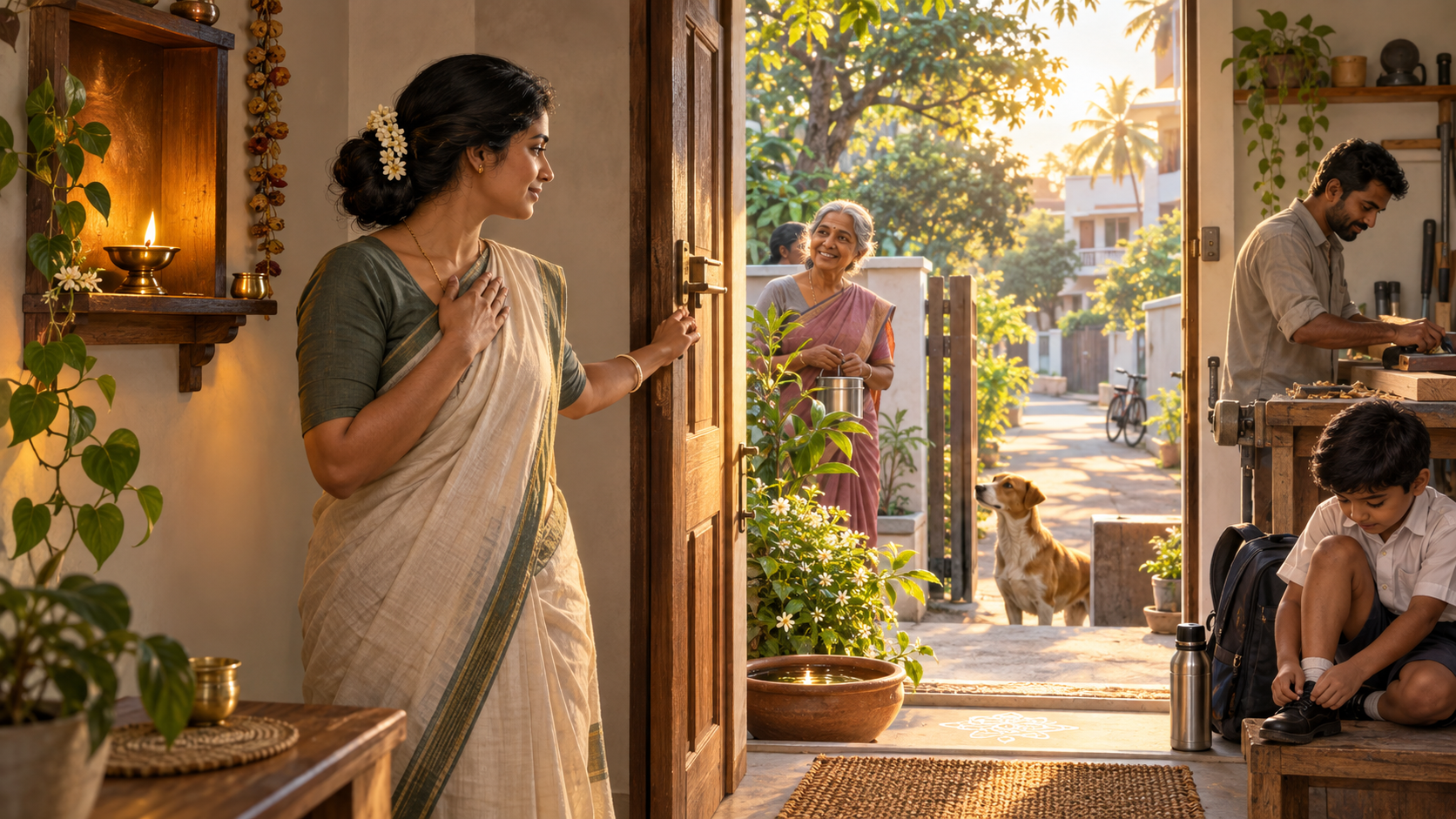 A devotee pauses beside a small home oil lamp before stepping through a doorway toward family, work tools, a neighbor and a sunlit street.