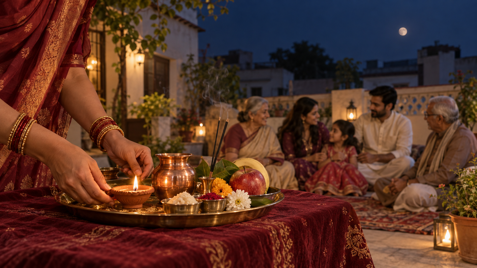 A Hindu family prepares a puja tray with a diya, water vessel, fruit and flowers beneath the moon in a home courtyard.