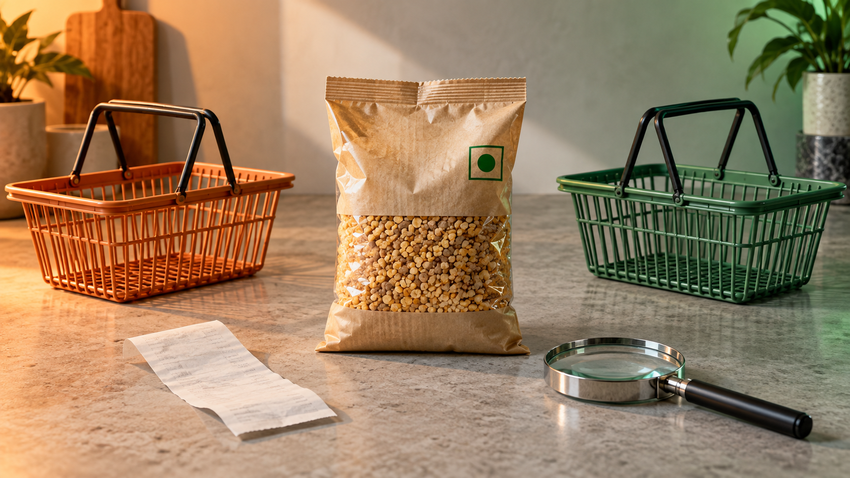 An unbranded food package, receipt, magnifying glass and two shopping baskets arranged under warm saffron and muted green light.