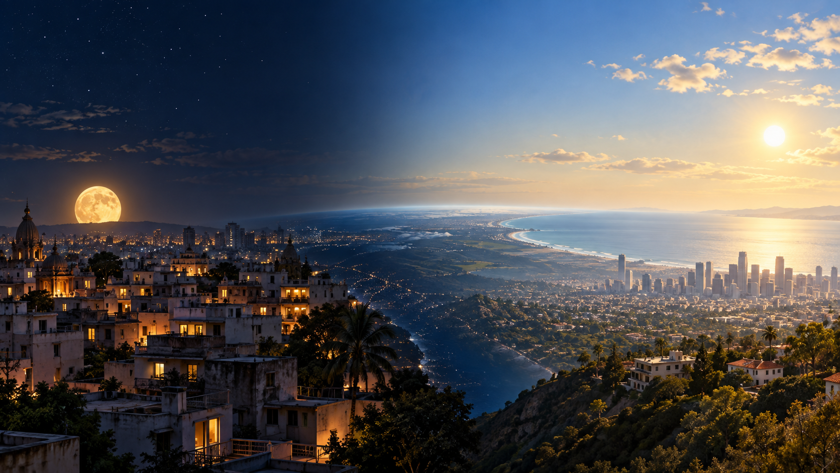 A split illustration shows the moon rising over Indian rooftops while a distant western city is still in daylight.