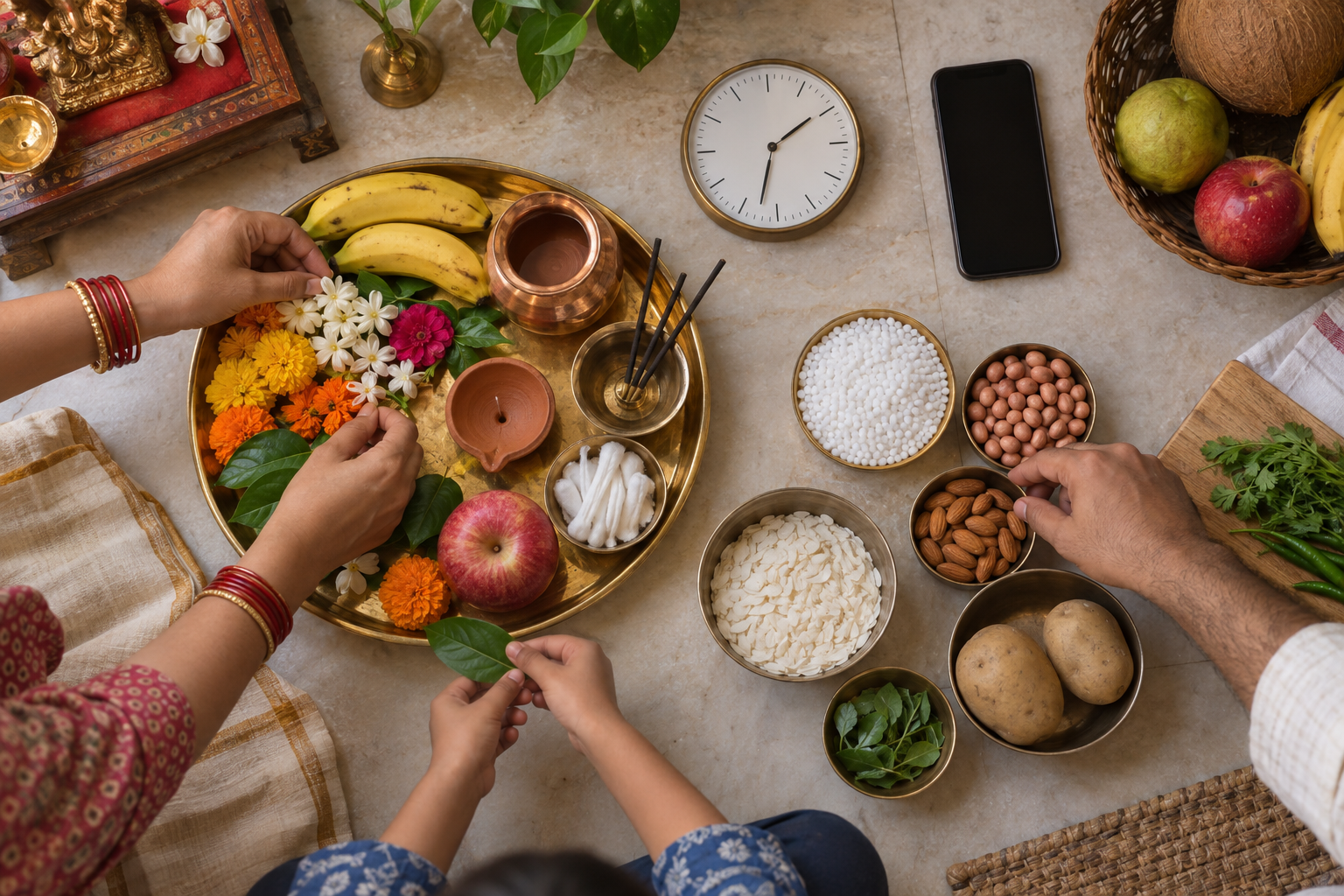 Family members organize puja supplies, fruit, water, cooking ingredients, a plain clock and a phone on a household table.