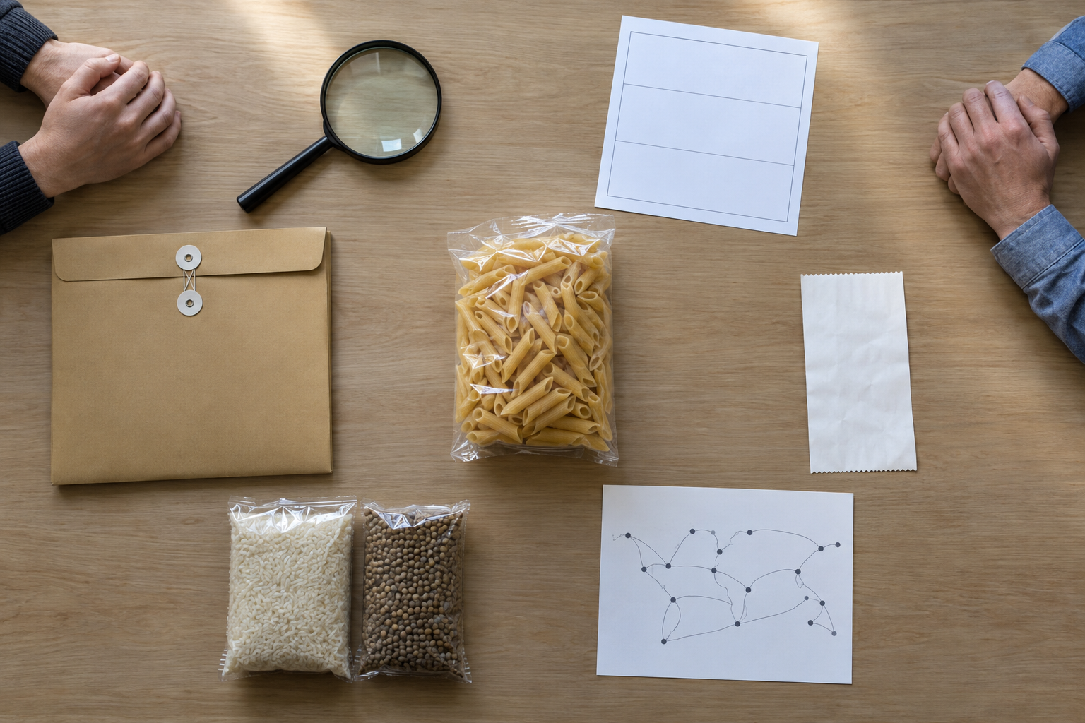 Six evidence-review objects surround an unbranded food package on a desk while two investigators examine the materials.
