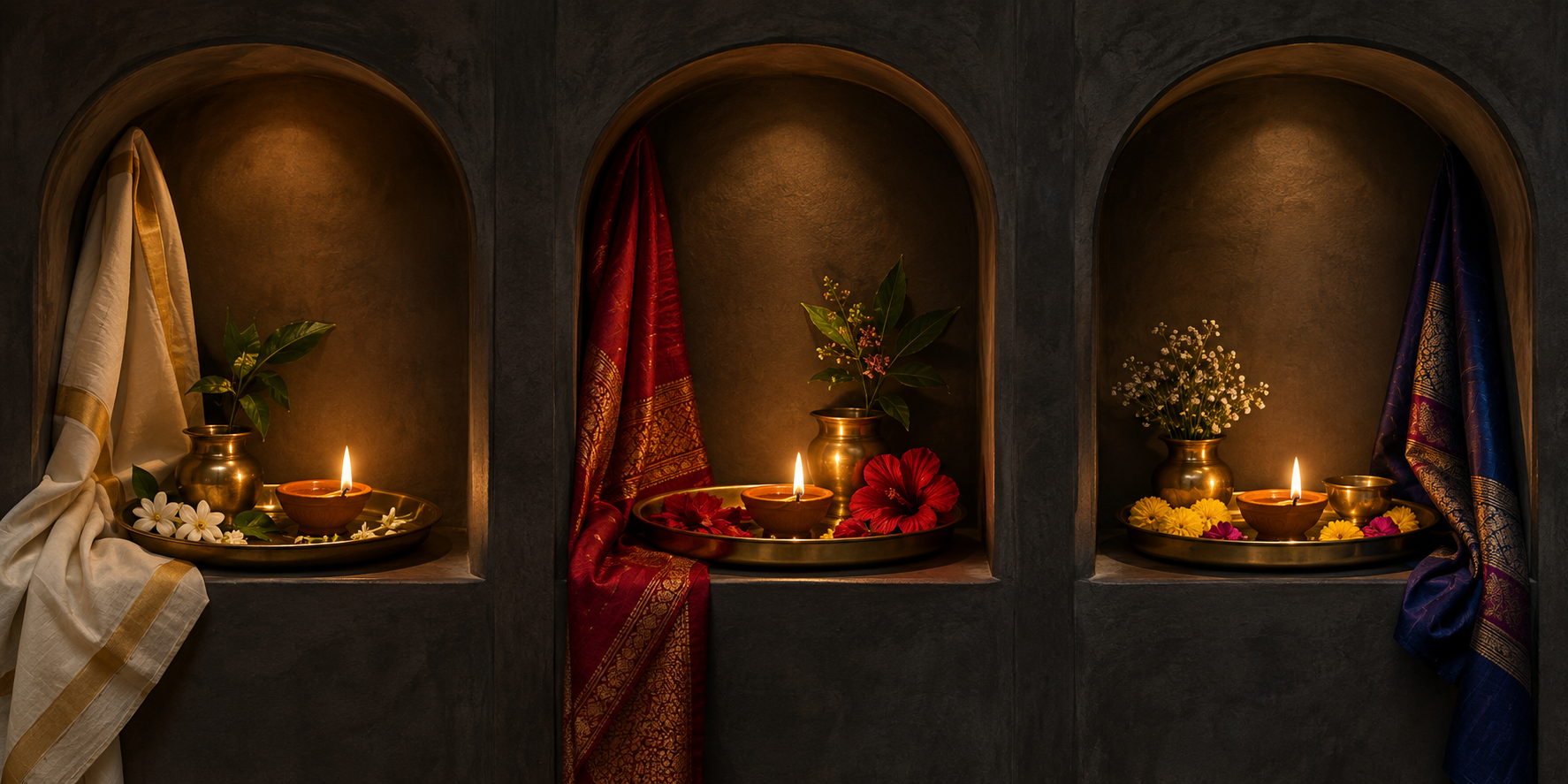 Three separate alcoves contain differently arranged puja trays and glowing clay lamps.