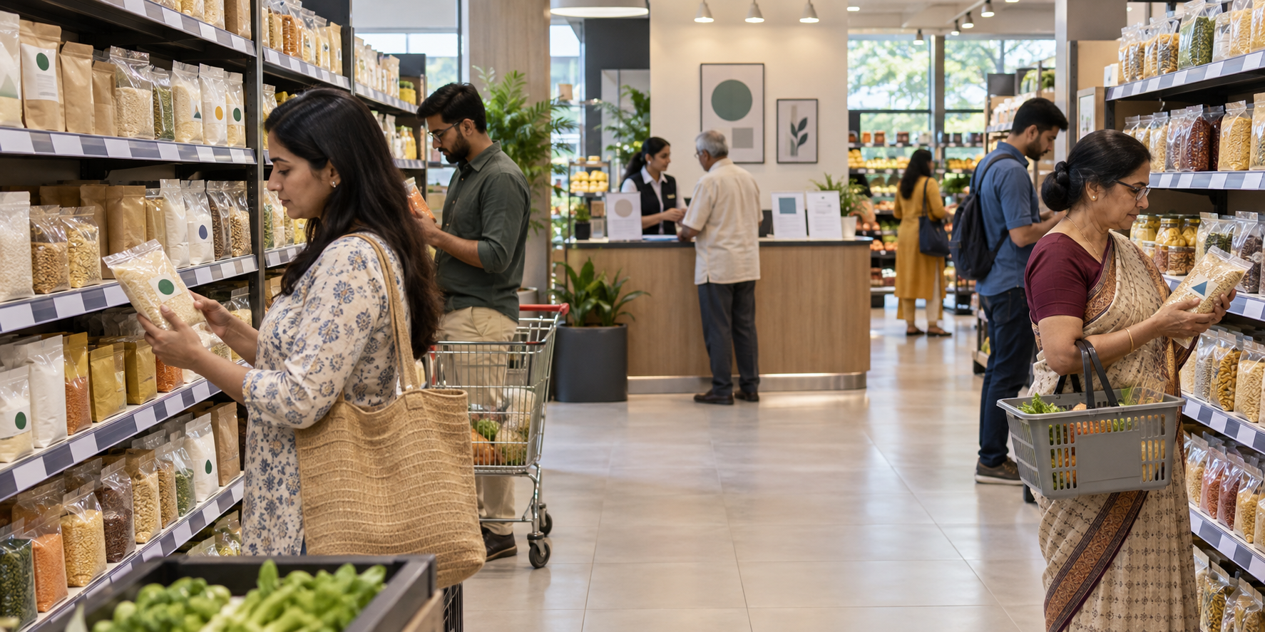 Shoppers compare unbranded foods with and without abstract certification seals in a well-lit grocery aisle.