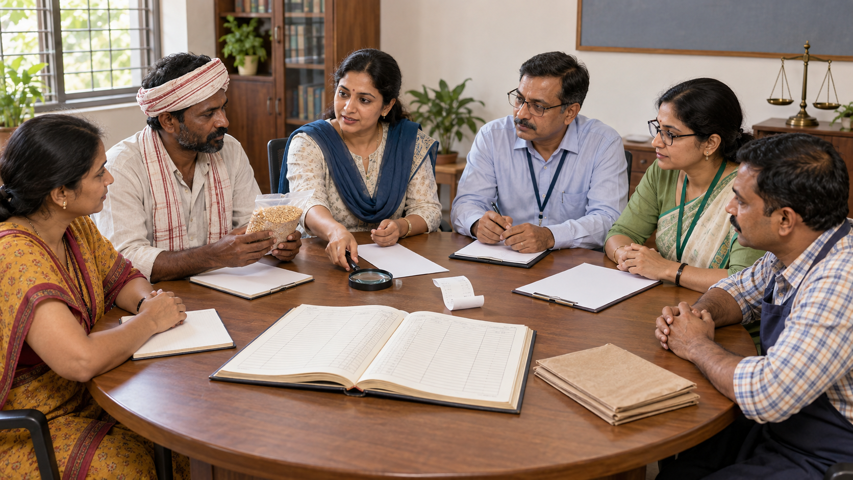Consumer, business, audit and certification representatives review a product, receipt and open ledger around a round table.