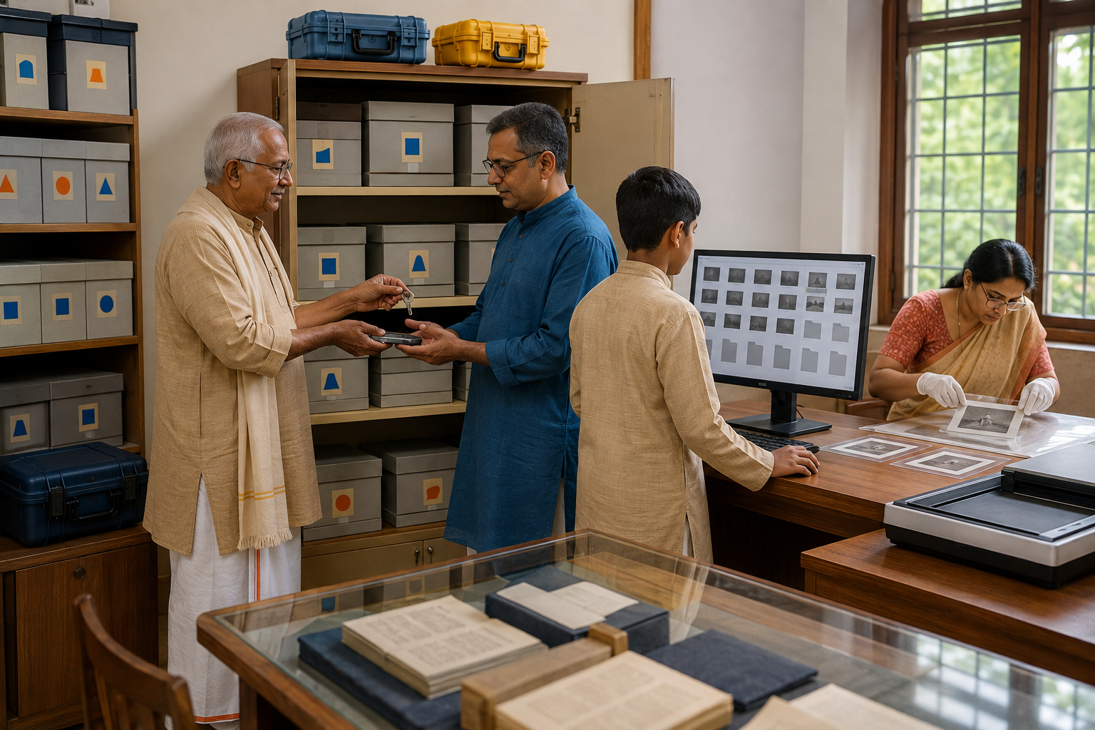 Three generations of archive custodians transfer a key and backup drive while another volunteer verifies photographs in an organized records room.