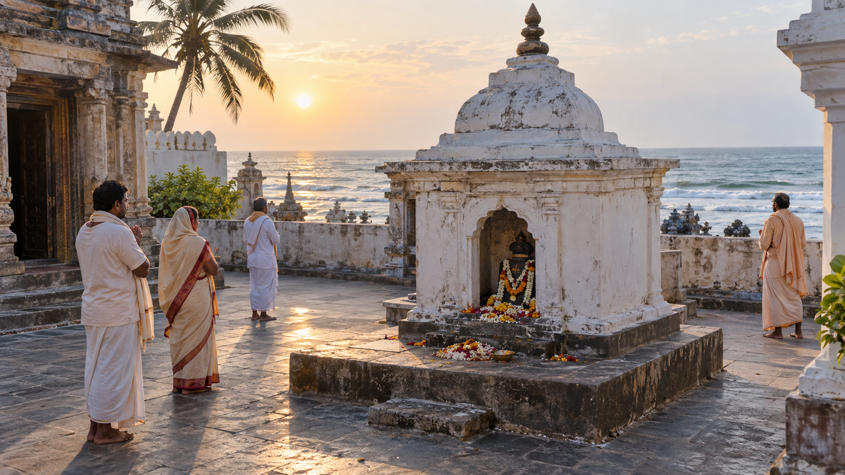 Pilgrims stand quietly before Srila Haridasa Thakura's Samadhi near the ocean in Jagannatha Puri.