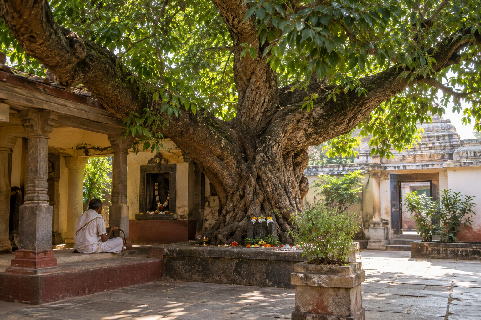 An ancient bakula tree shades the quiet courtyard at Siddha-Bakula, where a pilgrim sits with prayer beads.