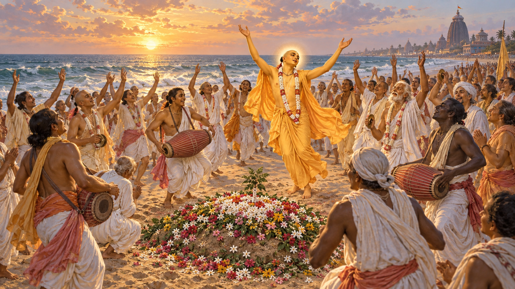 A devotional illustration shows Sri Caitanya Mahaprabhu and his companions holding kirtana beside Haridasa Thakura's flower-covered resting place on the seashore.