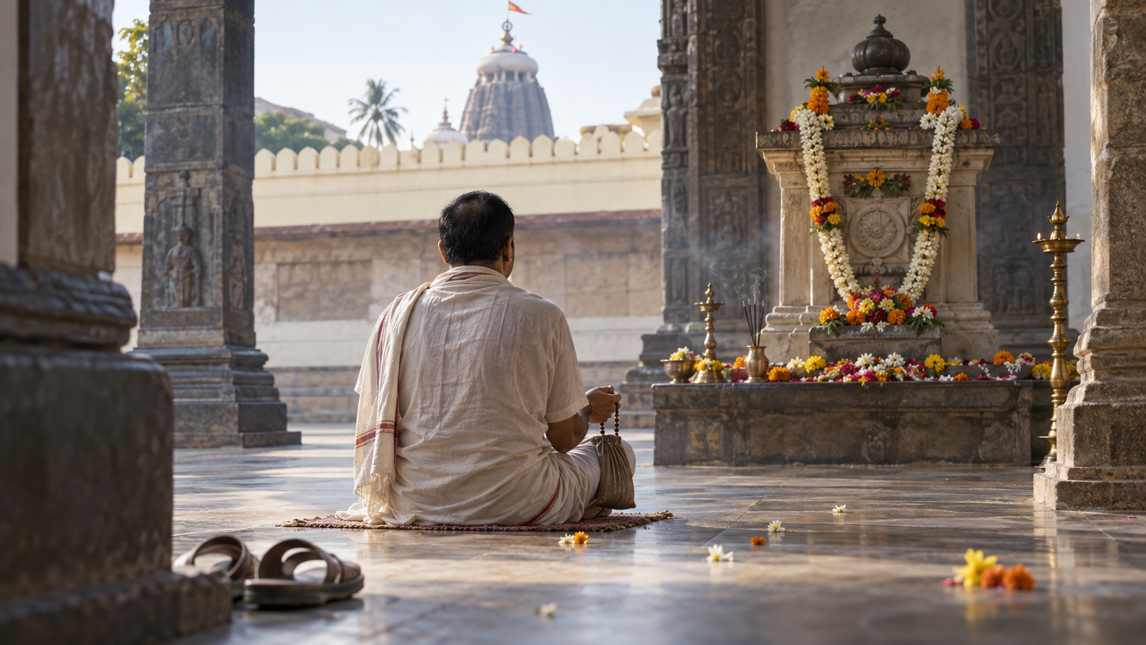 A pilgrim sits quietly with japa beads before the flower-adorned Samadhi shrine.