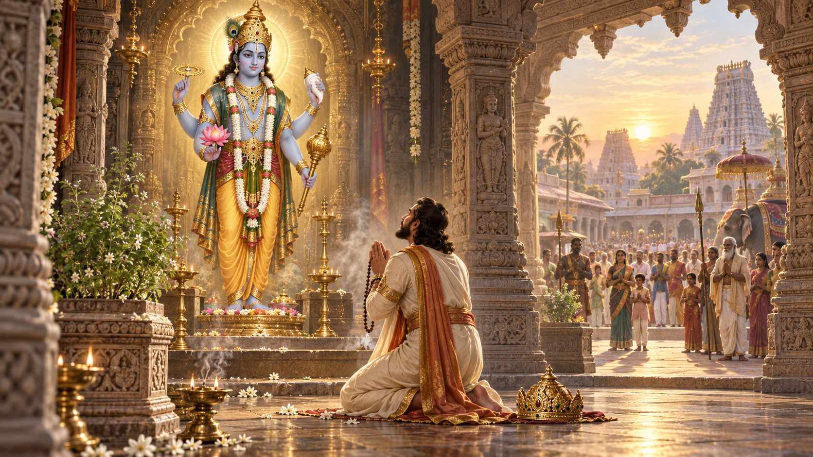 A ruler kneels with prayer beads before a four-armed form of Vishnu while his crown rests on the temple floor and citizens wait beyond the courtyard.
