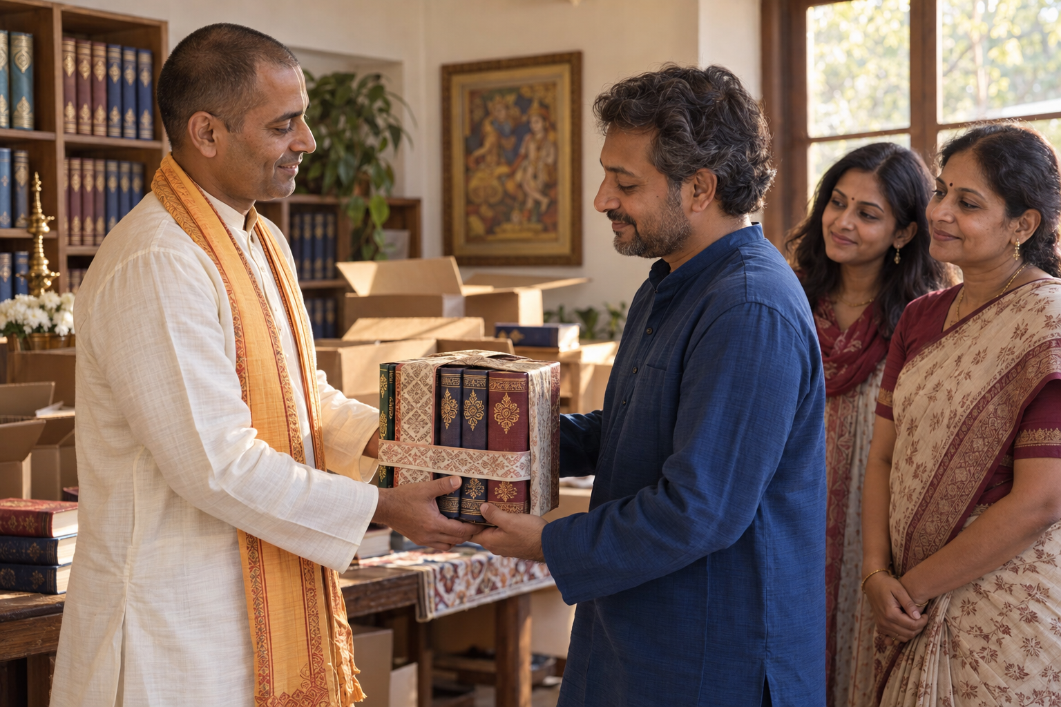 A volunteer respectfully hands a multi-volume sacred book set to a recipient in a sunlit community reading room while family members look on.