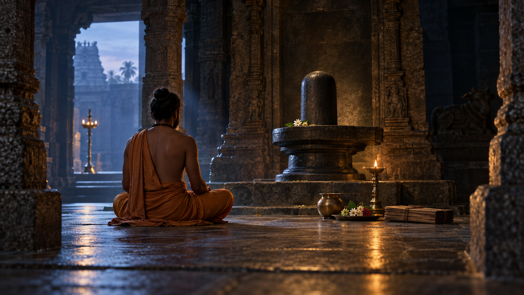 A seeker meditates before a Shiva linga in a stone temple beside an oil lamp, ritual vessels, flowers and a closed palm-leaf bundle.