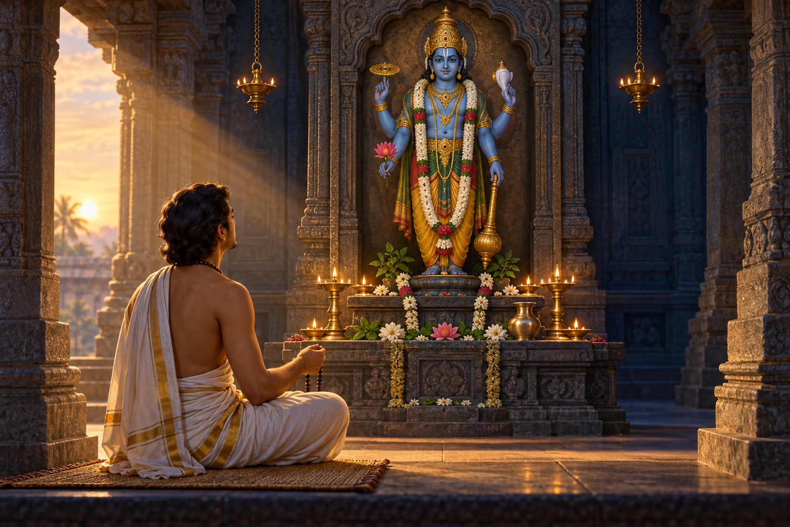 A seated devotee uses prayer beads while meditating on a four-armed Vishnu murti illuminated by oil lamps and morning light.